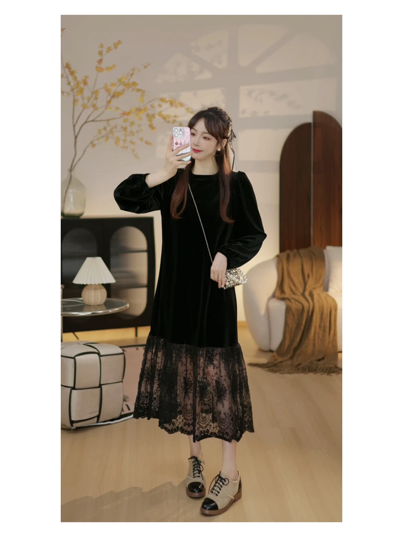 【慵懒假日X】别致赫本风长款短粒绒拼接蕾丝下摆连衣裙