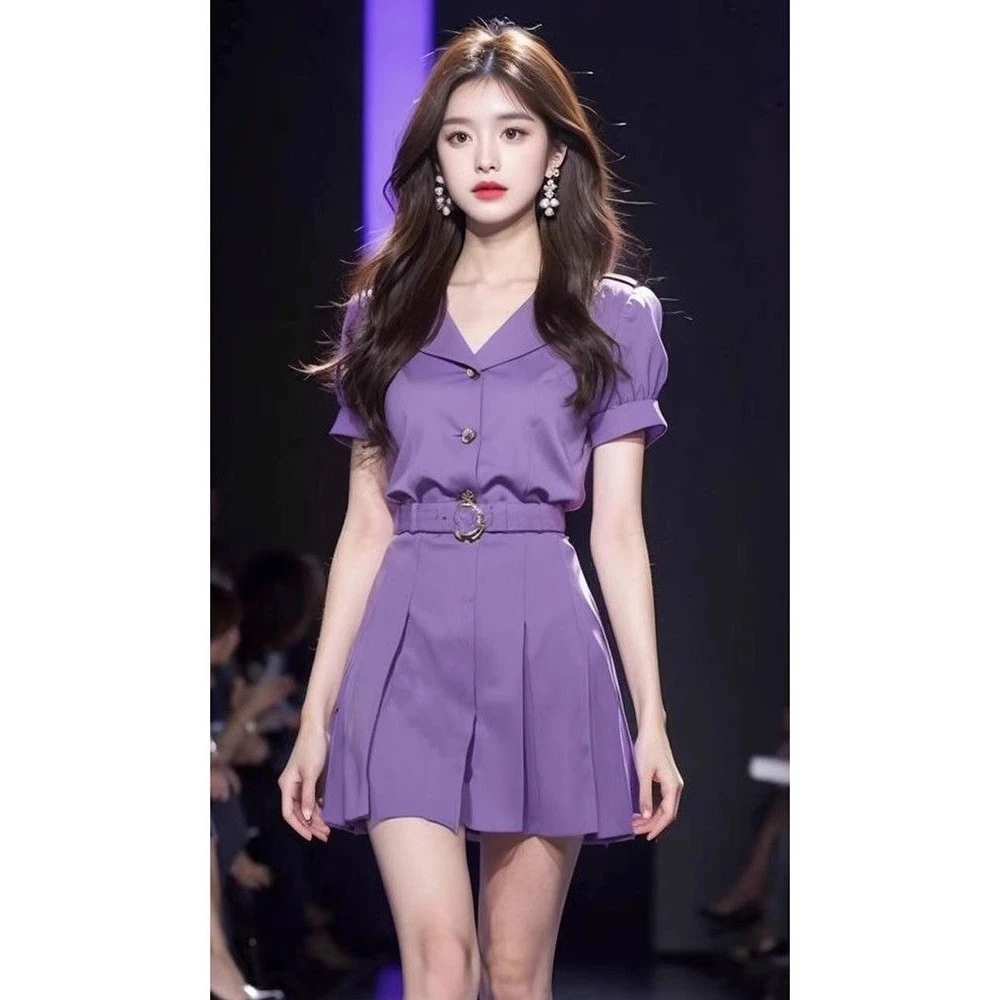 超好看高端精致气质法式绝美收腰紫色职业西装连衣裙2025夏季新款