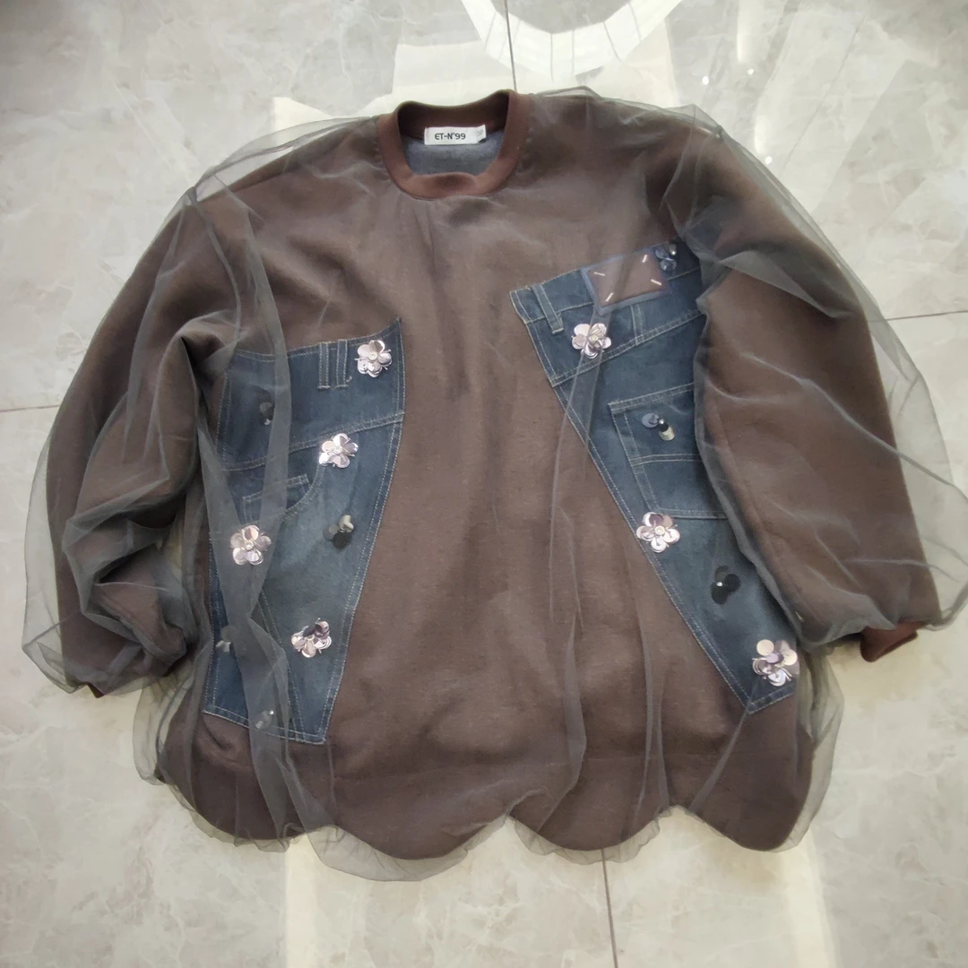 网纱牛仔拼接卫衣