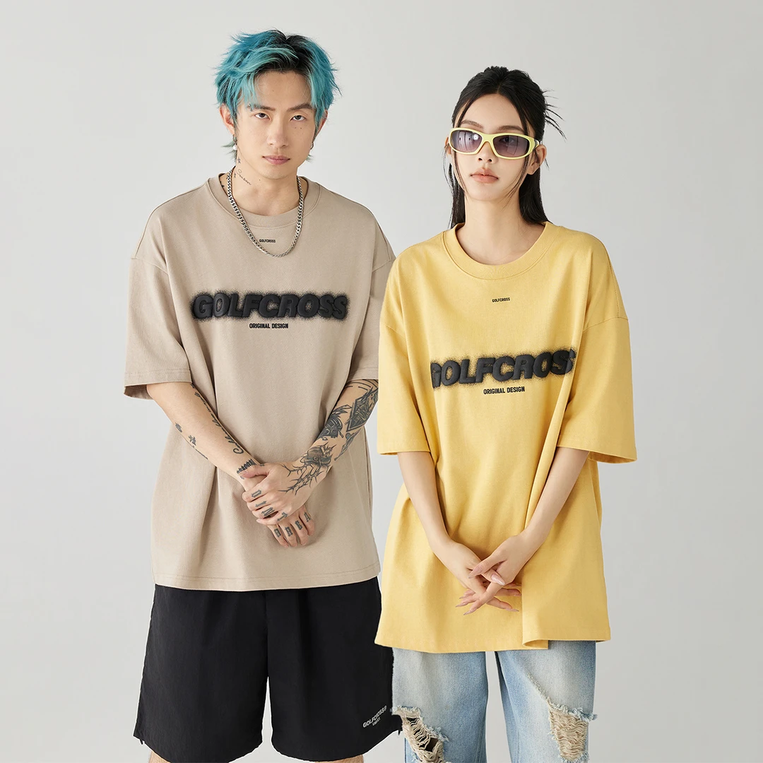GOLFCROSS多色情侣t恤潮牌墨点发泡字母印花夏季宽松休闲短袖T恤