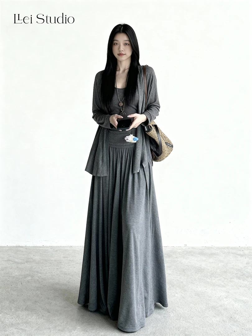 LLei大蕾【舒适三件套】秋季韩系慵懒气质长袖纸片人显瘦半身裙套装