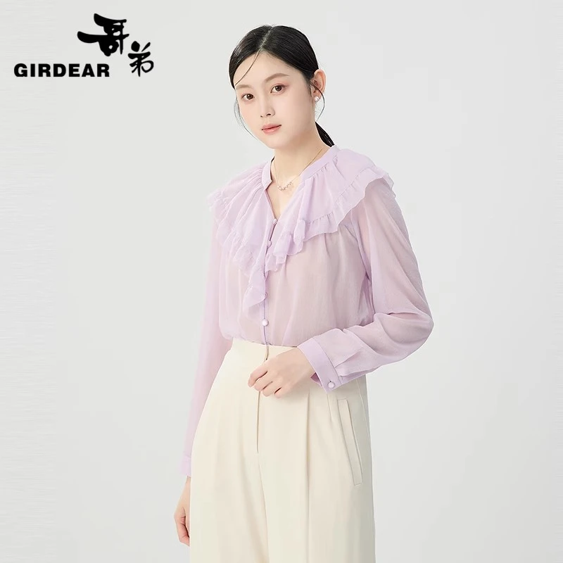 哥弟女装春季新款甜美气质时尚荷女士修身V领荷叶袖荷叶边拼接