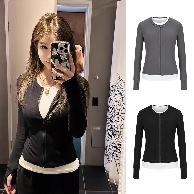 Moses Queen/魔西女王韩系大码撞色长袖t恤真两件修身打底衫上衣