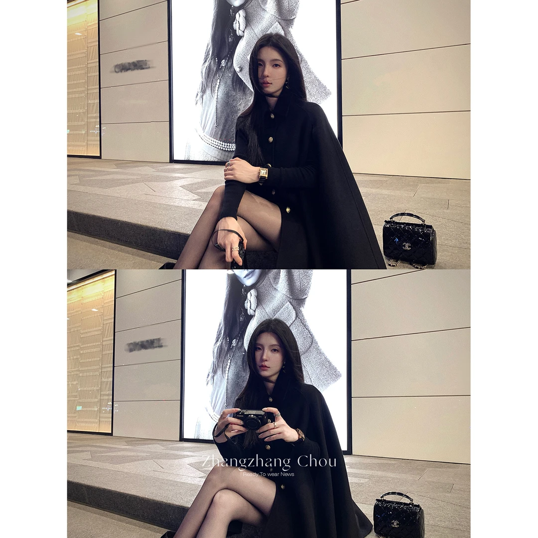 周章章"瑟琳娜"羊毛双面呢大衣秋冬黑色复古高级感披肩斗篷外套