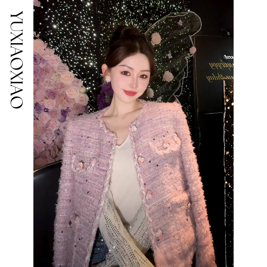 余潇潇【巴黎蔷薇夜】绵羊毛棉混纺粗花呢银丝亮片编织肌理小香外套