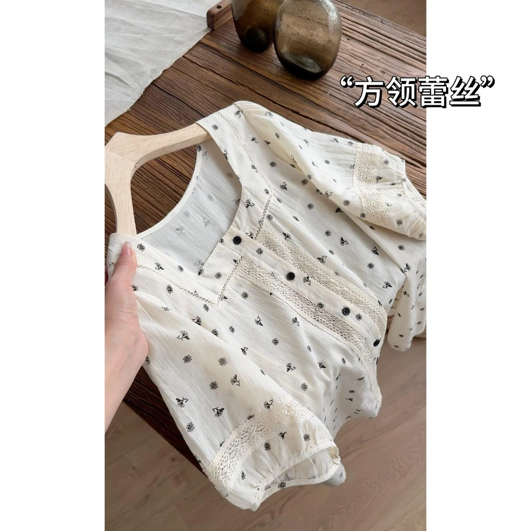 P0234-“方领蕾丝”25年夏植物系短袖方领显瘦百搭时尚小衫上衣女