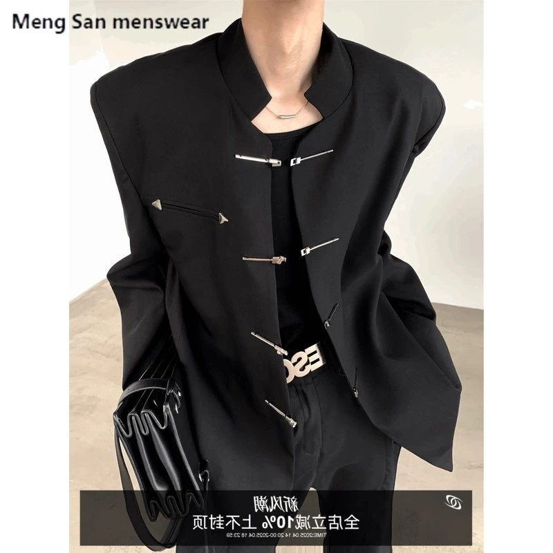 秋山风/小众中山装设计感新中式西装男黑色立领国风垫肩西服外套