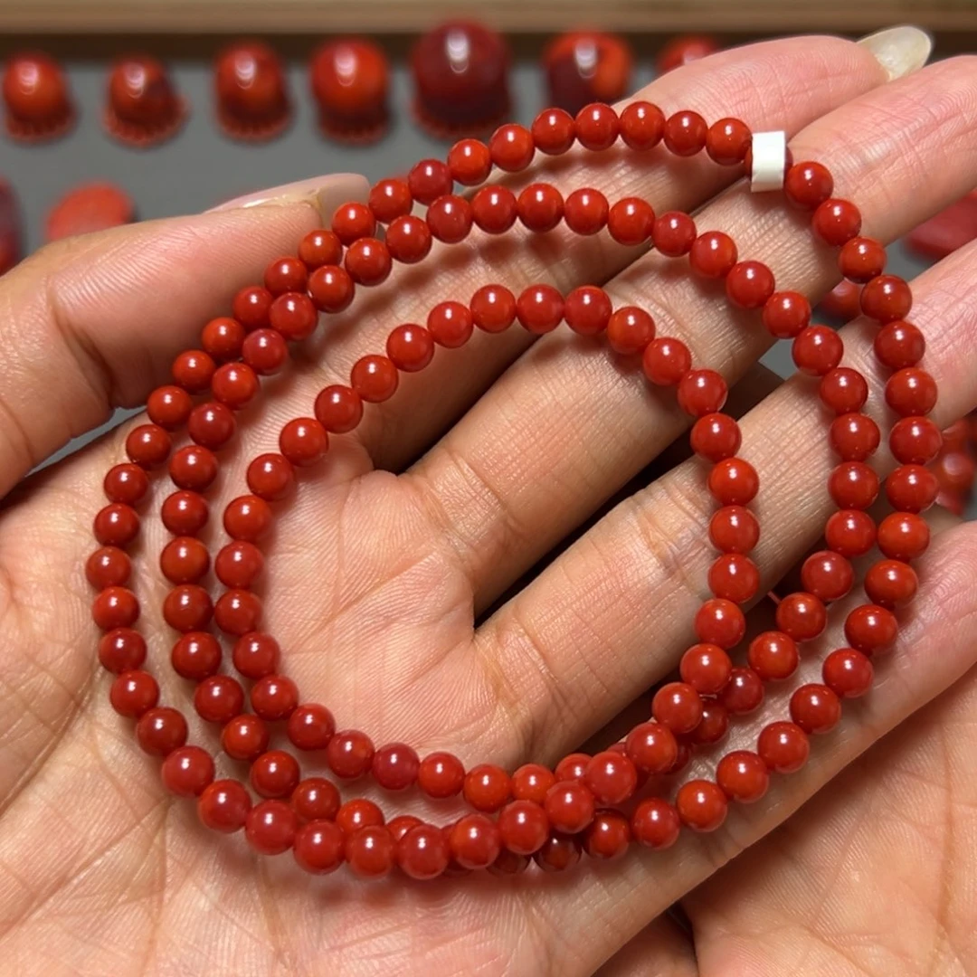 南红玛瑙未镶嵌手串 玫瑰锦红多圈 约4.6mm 高阶色