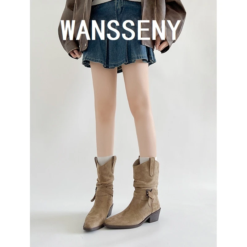 WANSSENY粗跟尖头西部牛仔靴2025秋冬复古堆堆靴骑士靴美拉德短靴
