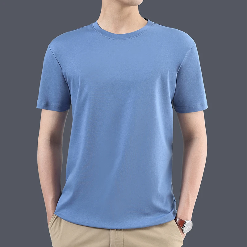 高品质T恤80支丝光棉短袖t恤男圆领冰丝夏季商务休闲宽松纯色上衣