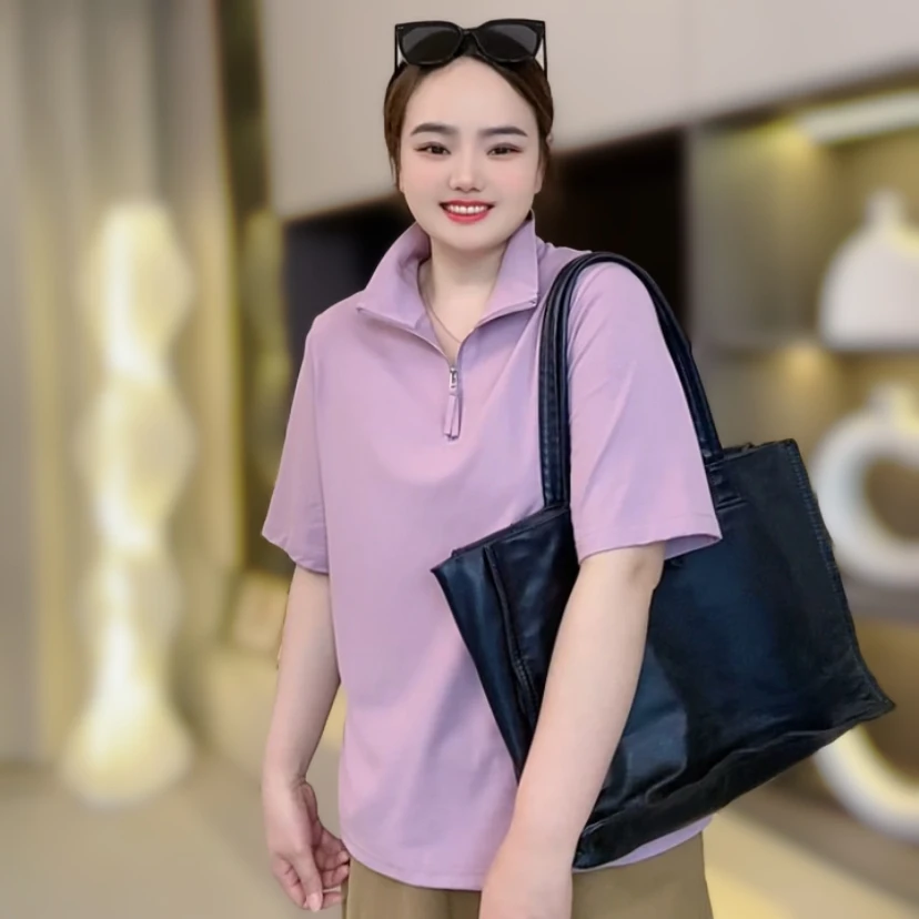 夏季新款短袖T恤拉链立领宽松休闲显瘦百搭半袖上衣中年时尚妈妈