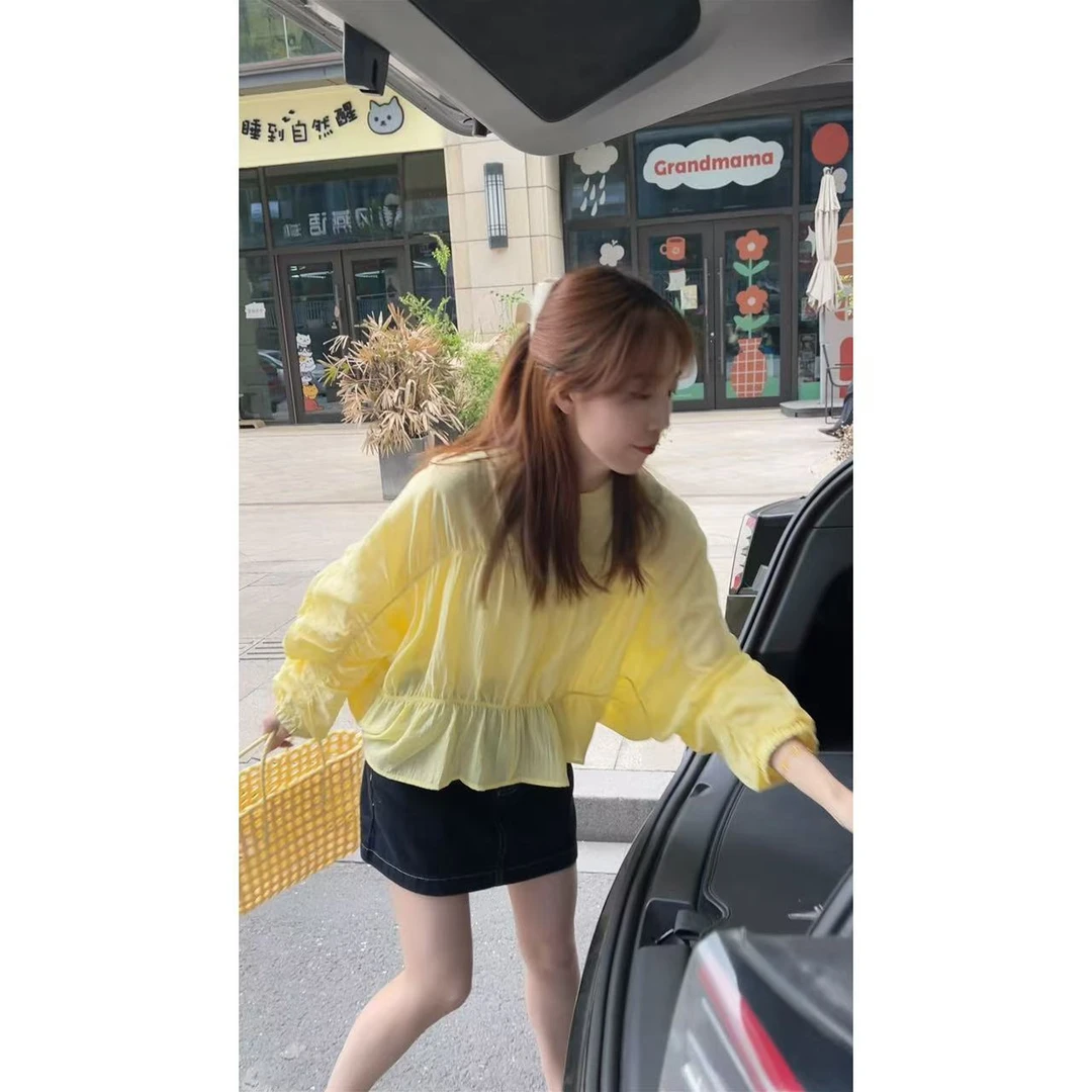 QiongQiong 设计感薄款褶皱松紧蝙蝠袖长袖防晒衬衫