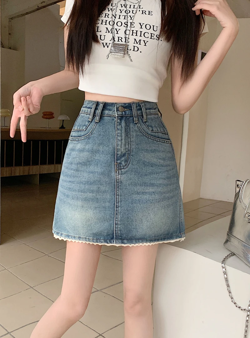 2025夏季新款胖mm大码拼接花边牛仔半身裙小个子高腰a字短裙