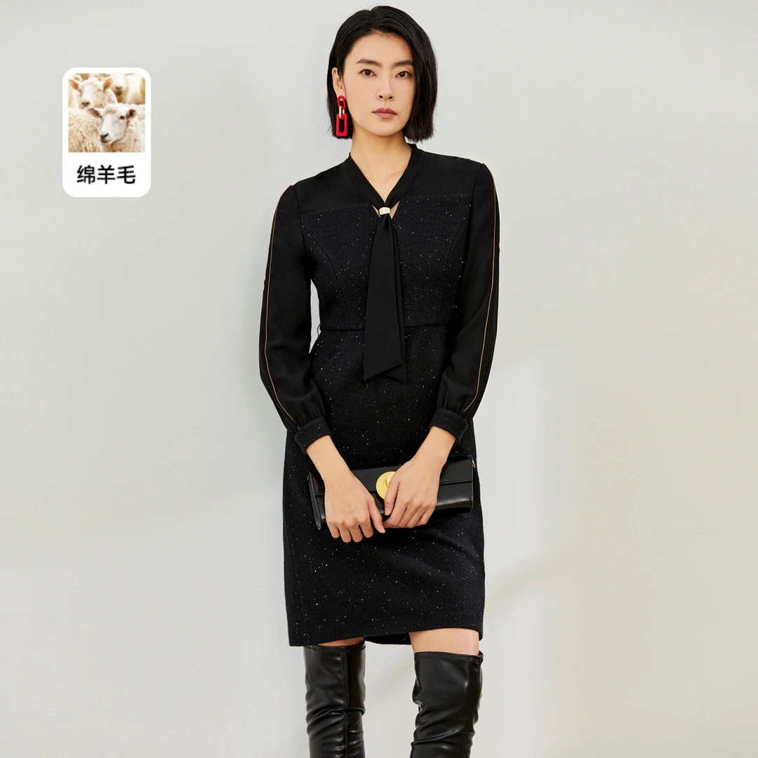 【婷婷专属】【闪闪小黑裙】春秋绵羊毛通勤宴会系带领连衣裙女