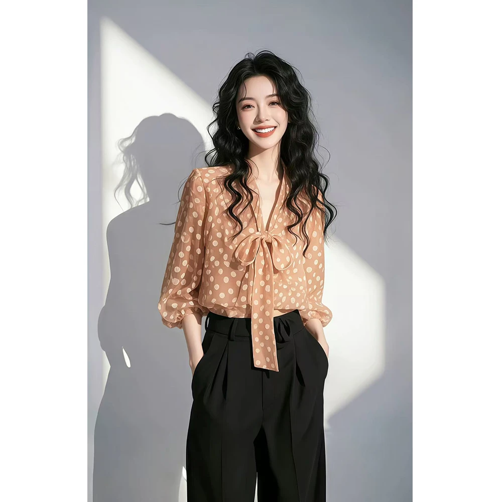 2025爆款小衫法式重要场合气质上衣橘色波点蝴蝶结系带衬衫女春季
