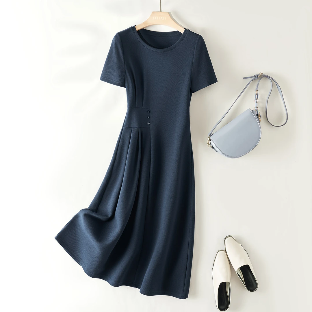 IHIMI/海谧圆领休闲优雅收腰显瘦2025夏季简约气质舒适连衣裙女