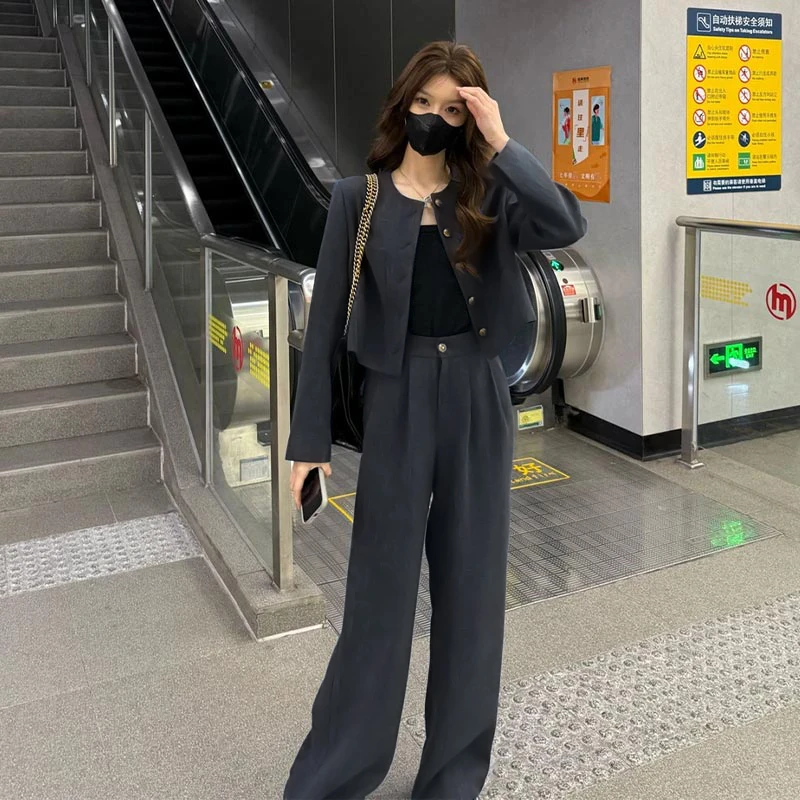 高级感休闲圆领外套高腰阔腿裤套装女2025新款韩版春季搭配一整套