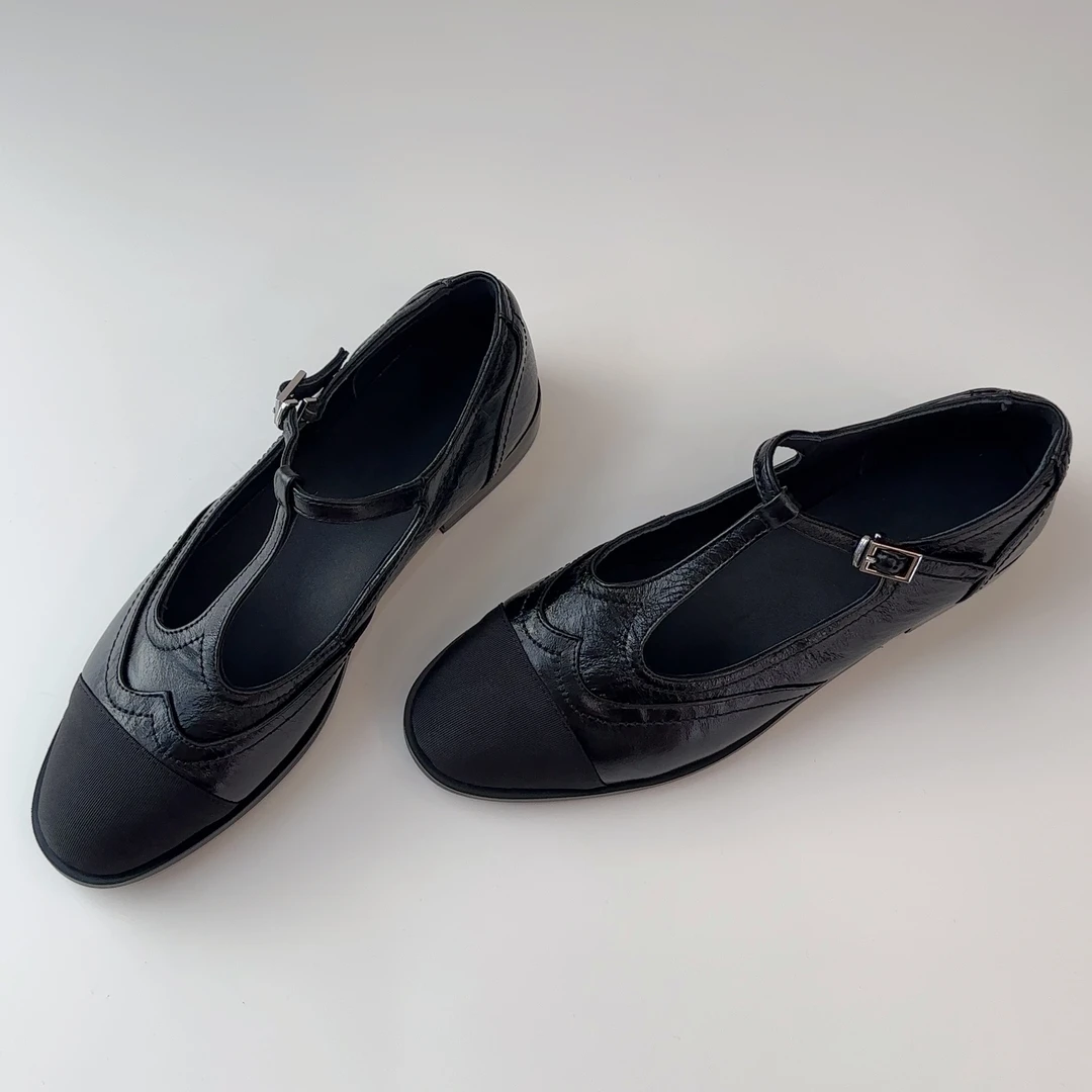 【王二今】马皮/2.5CM/法式雕花小香一字带玛丽珍圆头浅口时装单鞋