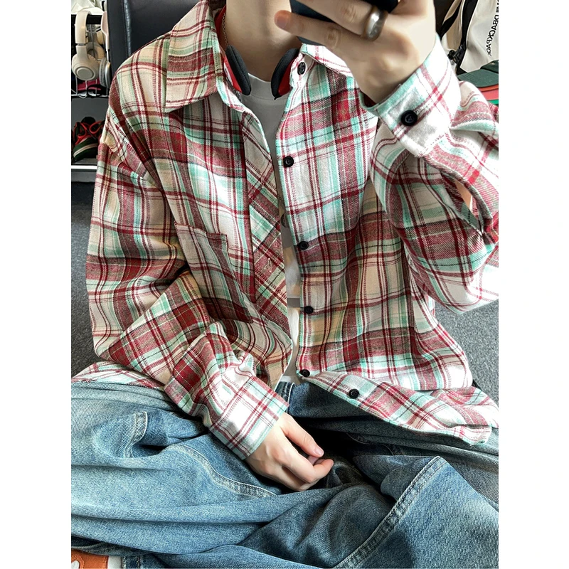 春季新品美式格纹衬衫情侣百搭休闲长袖蓝色痞帅复古翻领宽松衬衣