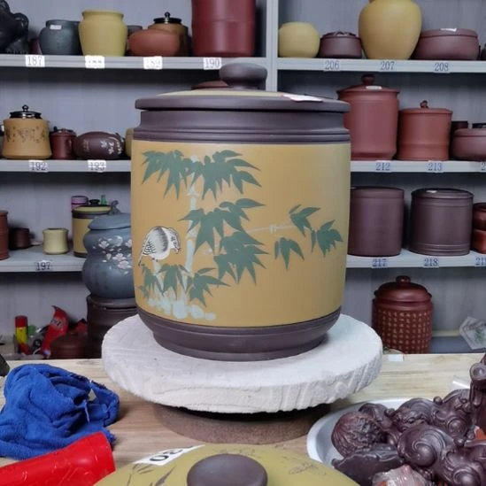 紫砂茶叶罐正品九饼花鸟款茶叶罐7283