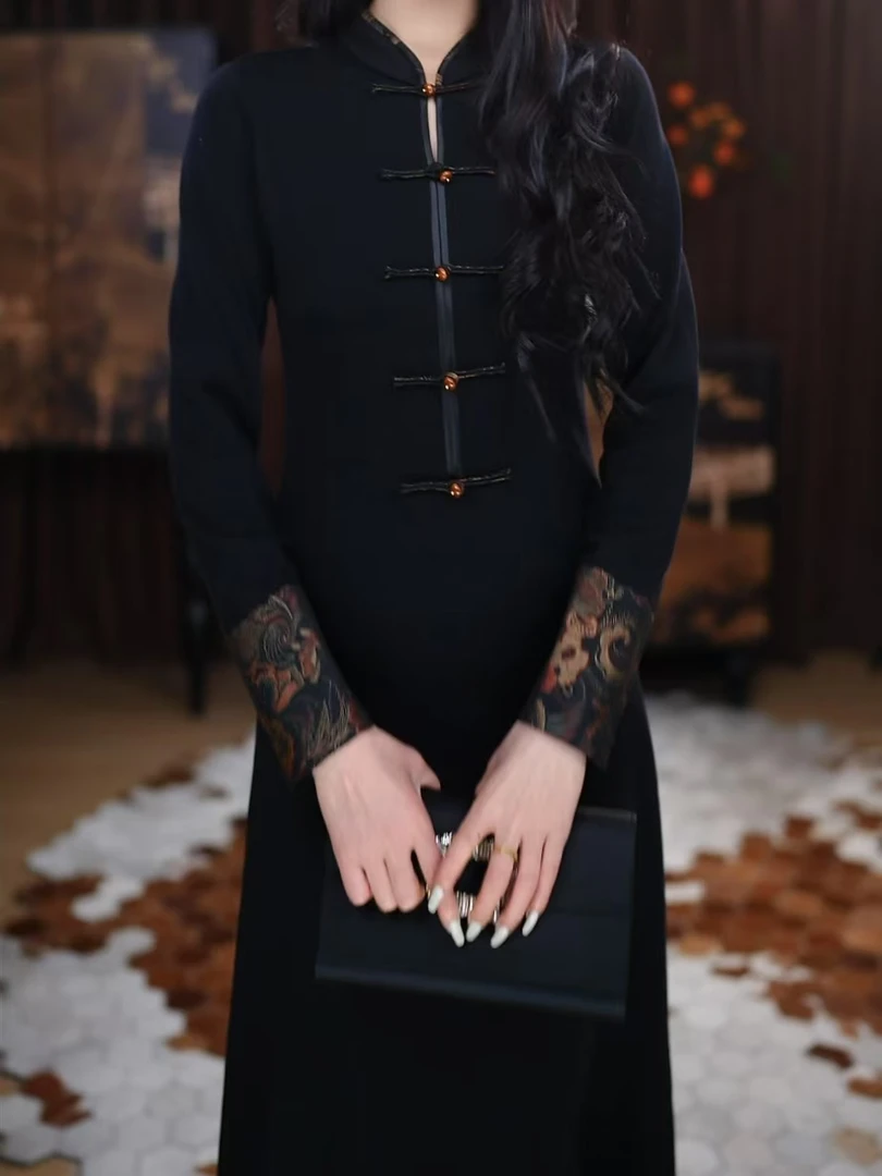 【今也】新中式长款时尚气质黑色休闲透气拼接宽松复古长款连衣裙