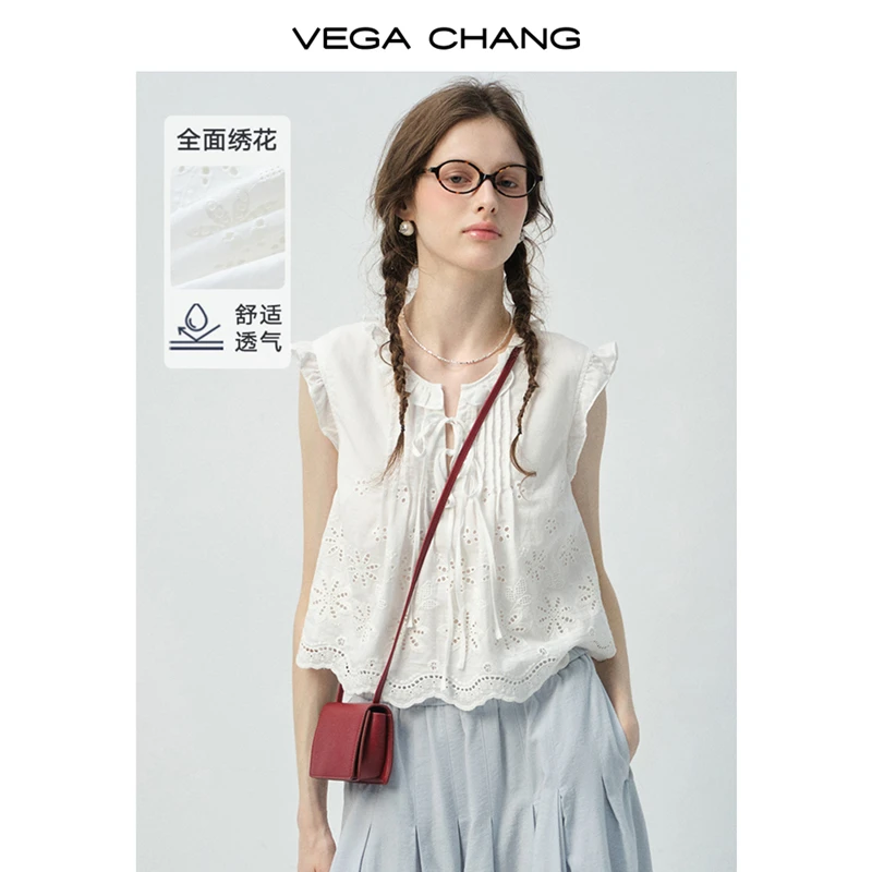 VEGA CHANG衬衫女2025年新款夏季飞飞袖镂空系带设计甜美无袖小衫
