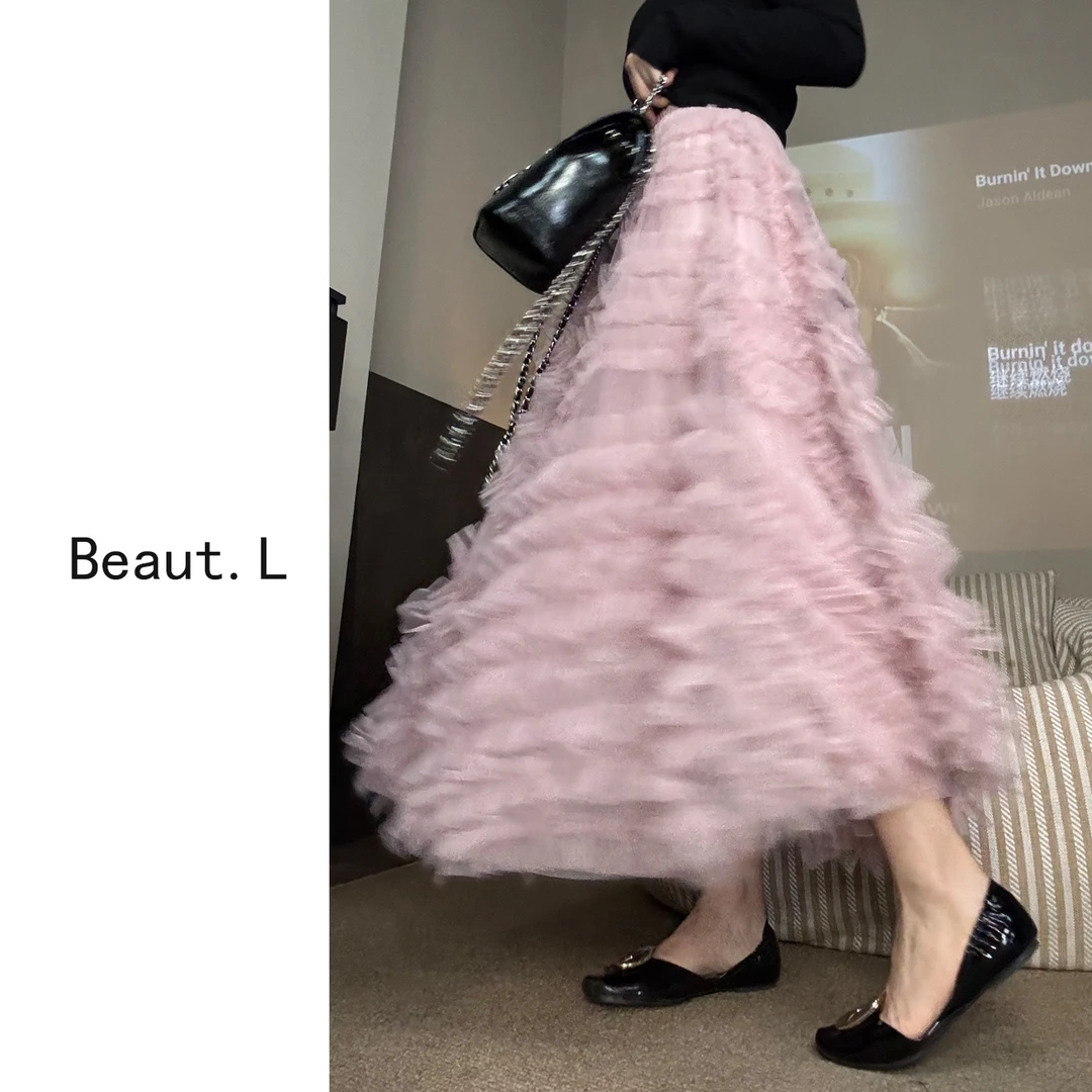 【Beaut.L】[黑天鹅]新款大摆网纱裙长款 重工蓬松裙显瘦半身裙