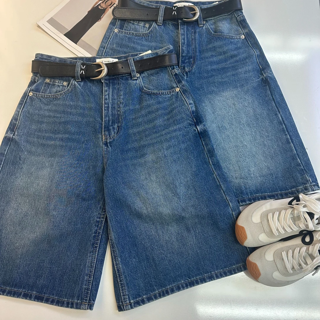 66112#七分牛仔阔腿裤欧货春夏新品高腰显瘦弹力时尚中裤