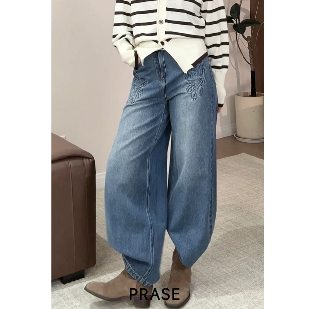 PRASE·噜【压花牛仔】微胖轻奢设计款秋棉麻高腰复古牛仔裤PR506S68