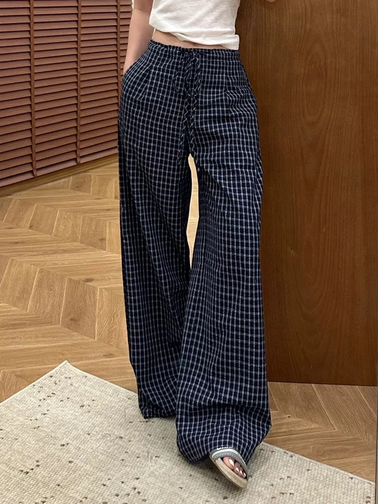 【时髦不费劲穿搭】复古蓝格纹条纹阔腿夏装冰凉格子裤