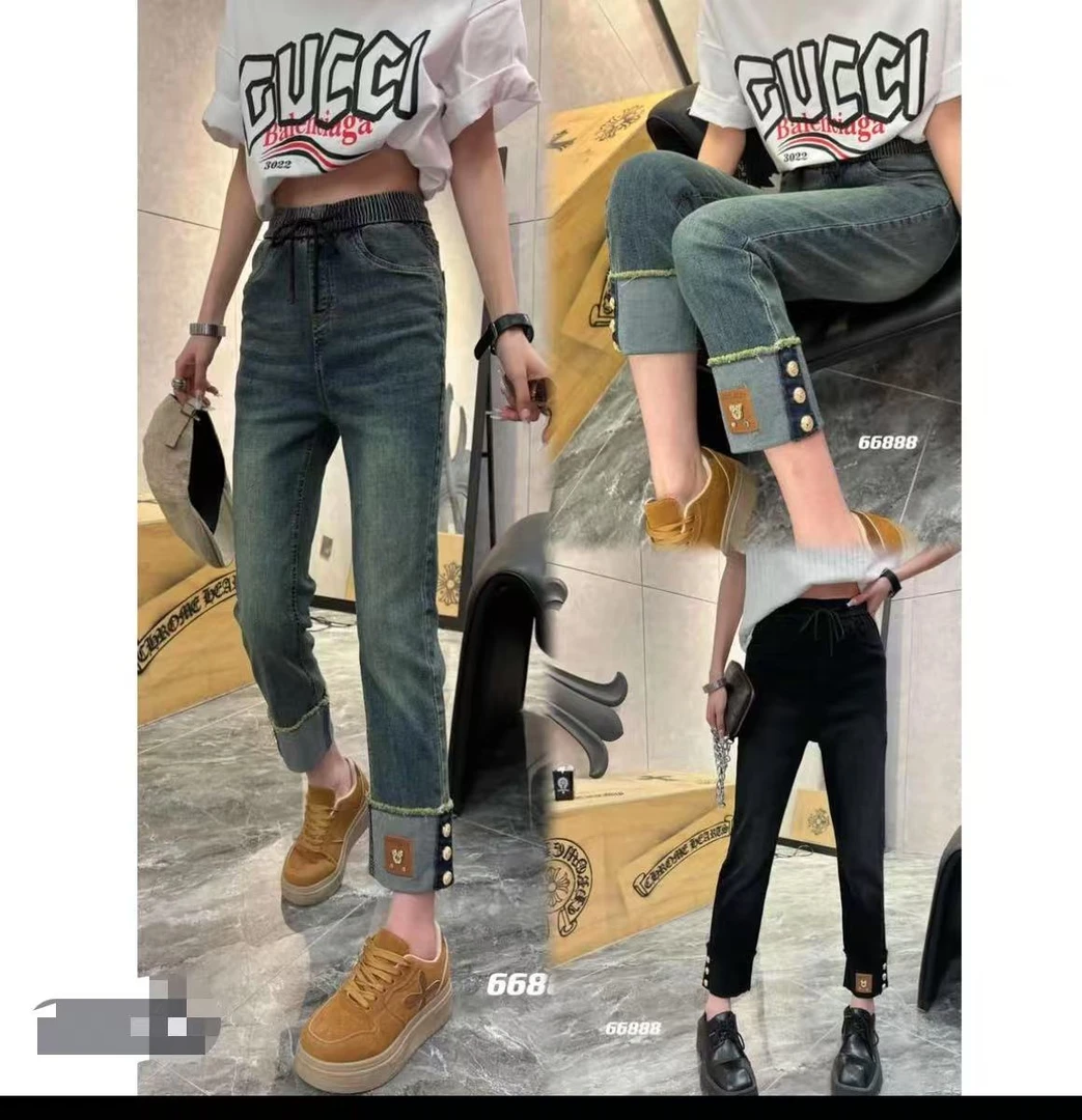 小娜家大码秋季高腰直筒牛仔裤女梨形身材弹力显瘦九分法棍裤子