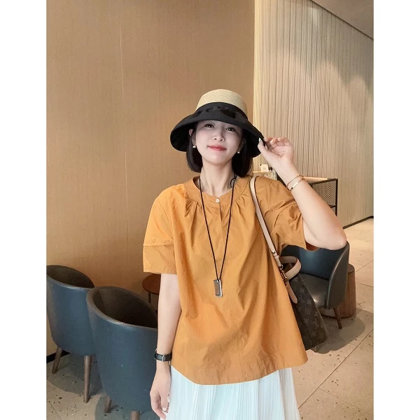 【夏日限定】简约设计纯色圆领一粒扣100%水洗棉遮肉显瘦娃娃衬衫