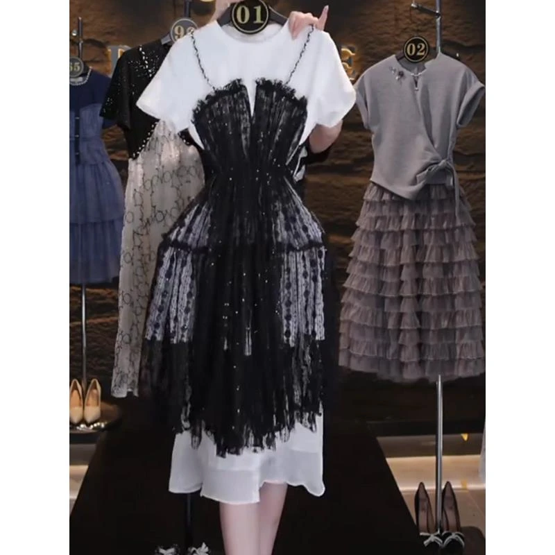 定制新款高级感气质时尚重工假两件连衣裙女装不规则显瘦钉珠长裙