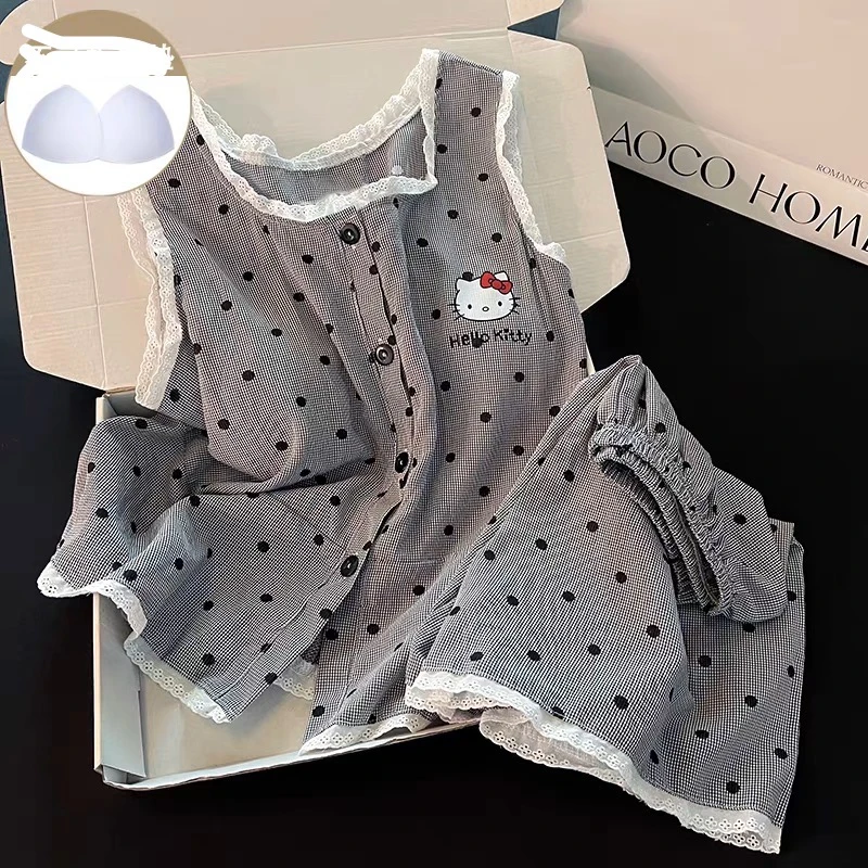 【R662】夏款波点小猫无袖短裤睡衣+长裤三件套+洋气胸垫【开衫套装】