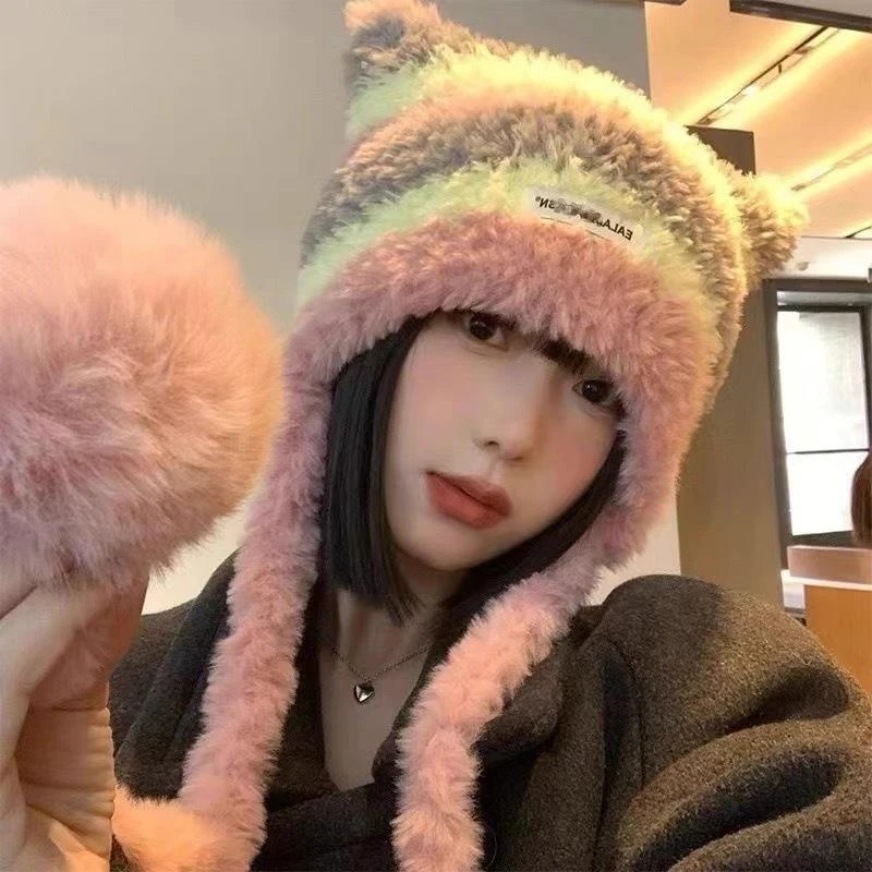 可爱猫耳朵针织帽女冬天保防寒暖毛绒帽子冬季加绒护耳宽松毛线帽