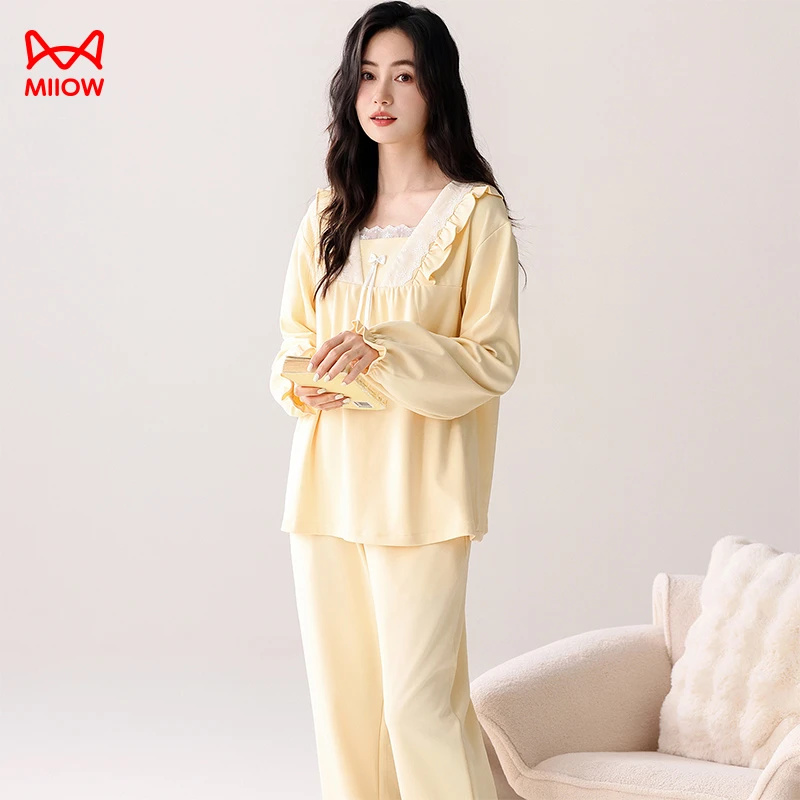 MiiOW/猫人奶油风黄色秋季女士睡衣拉架棉花边设计感家居服套装