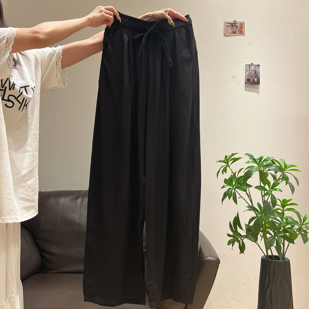 时尚黑色抽绳松紧腰休闲裤女夏季2025新款小个子高腰显瘦阔腿长裤
