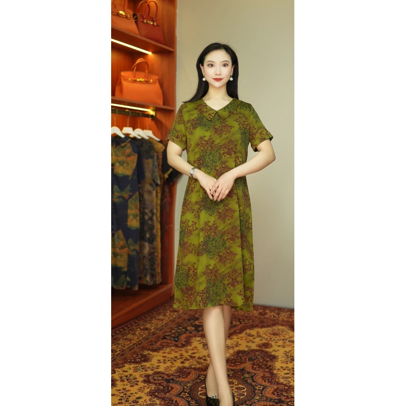 绿    花红柳绿   气质中长款时尚连衣裙百搭遮肉裙子806-1