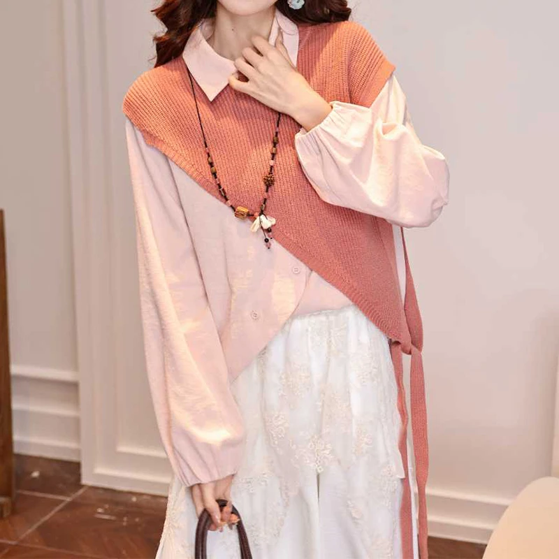 高级感港风时尚套装女2025秋新款复古马甲长袖宽松衬衫百搭两件套