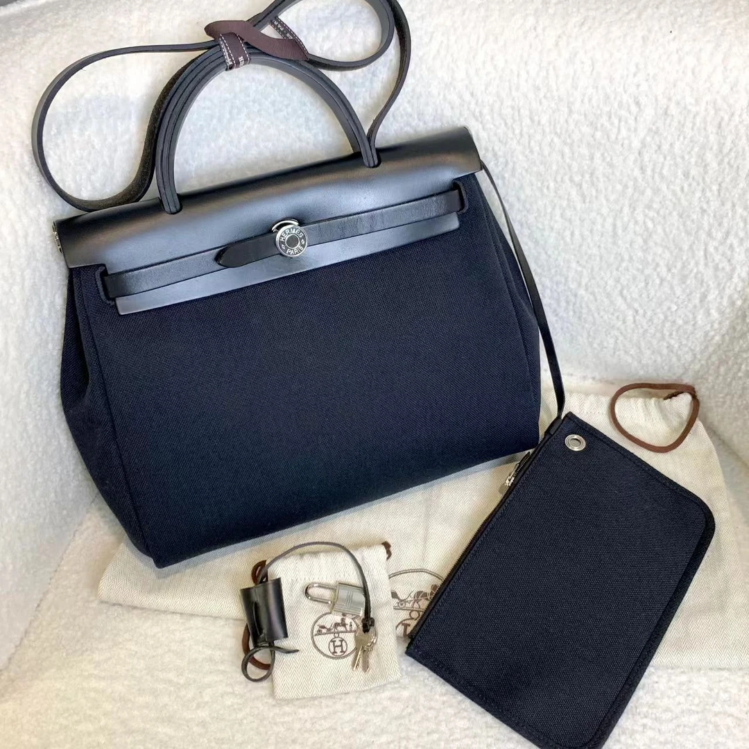 99新 Hermes/爱马仕 壹臻/黑银帆布herbag31 u 刻 73872595