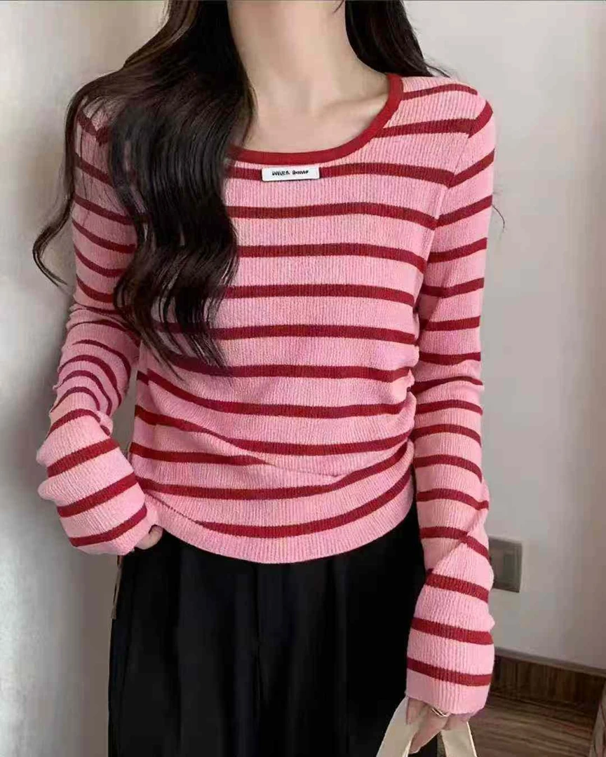 韩系拼色长袖针织衫短款常规袖针织长袖圆领毛针织衫393