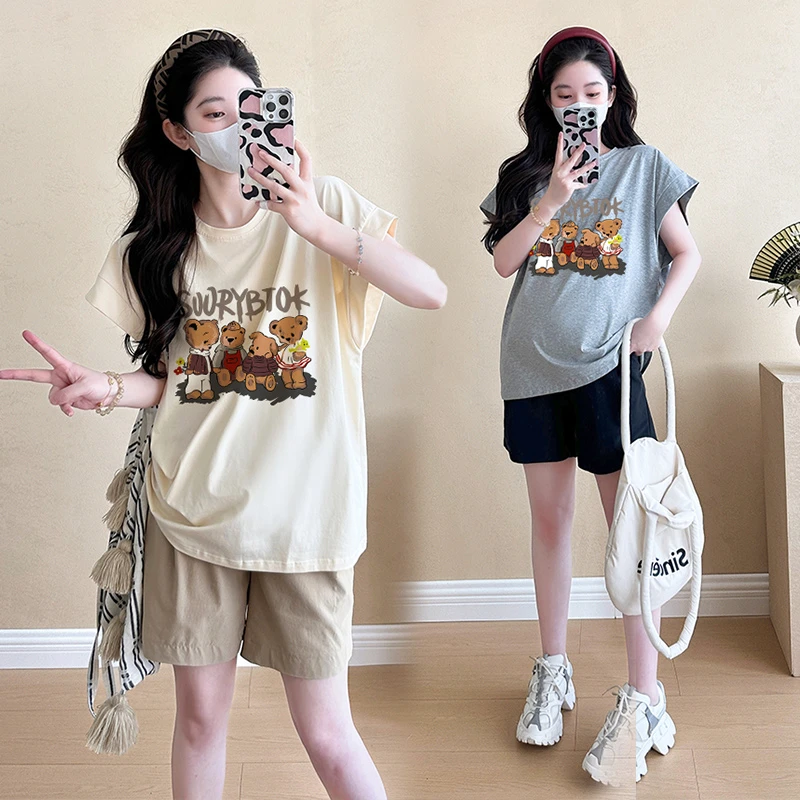 2025新款洋气孕妇套装夏季新款韩版宽松时尚孕妇两件套上衣+短裤