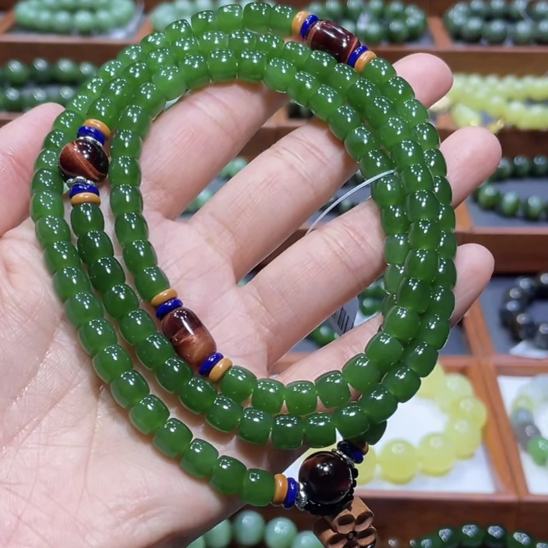 和田玉俄料碧玉辣阳绿多圈项链6x7mm（直切）