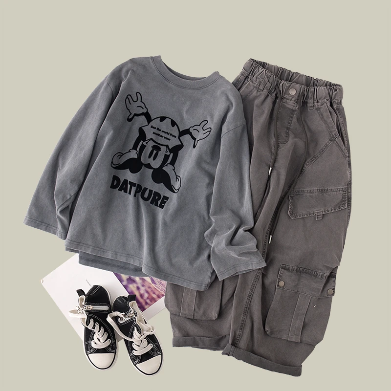 吴小越w1102男童春装圆领炒洗工艺数码棉t恤长袖中大童儿童打底衫