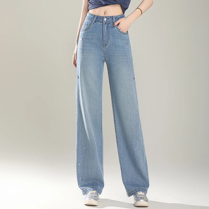 重工烫钻韩版牛仔直筒裤女夏季新款高腰时尚休闲复古垂感长裤薄款