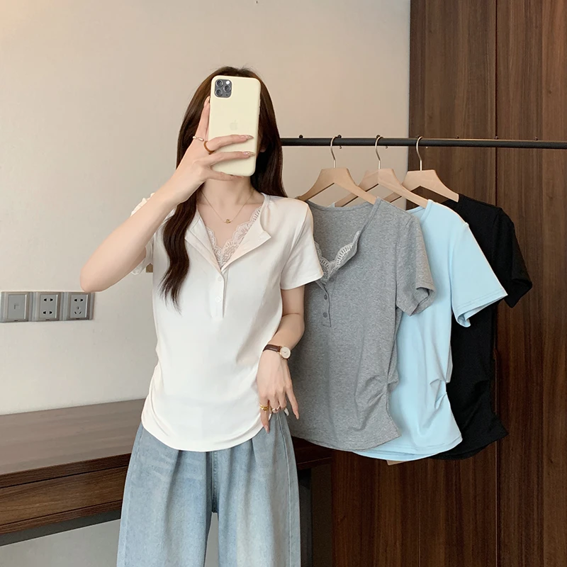 2025夏装新款大码女纯欲半开领蕾丝弧形掐腰短袖T恤33688