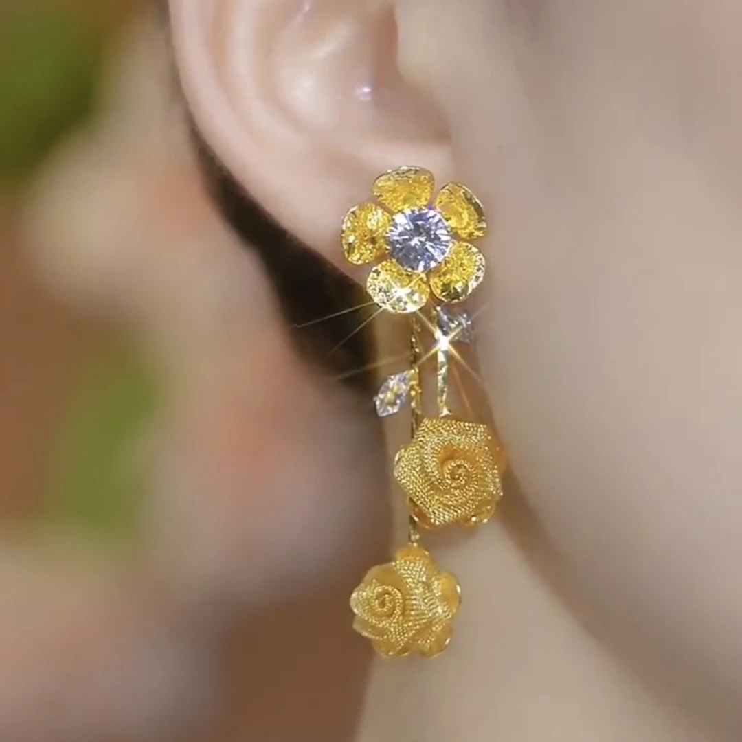 铜合金耳饰 【玫瑰佳人】时尚气质百搭玫瑰花流苏耳环