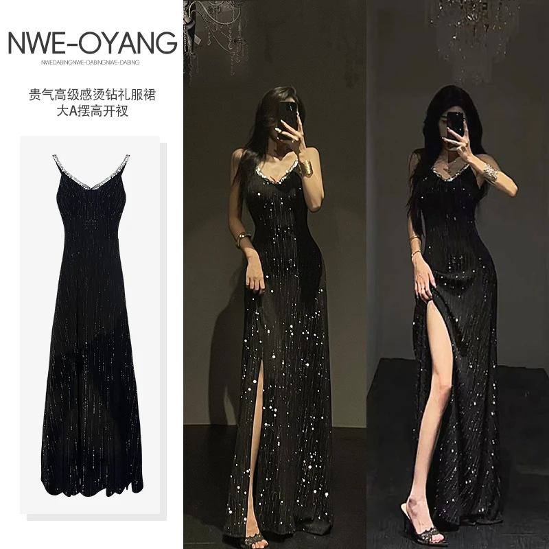 g5/F010烫钻/0806【欧阳】【夜色】【155-178cm穿】大A摆带钻开叉吊带裙