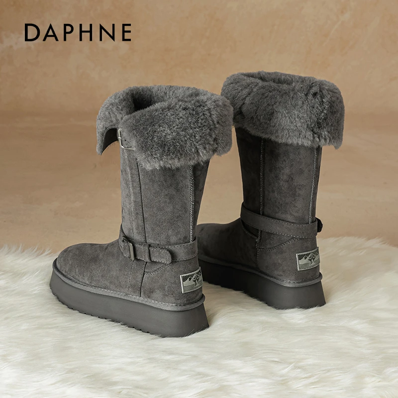 达芙妮灰色长筒雪地靴女2025新款冬季加绒保暖厚底防滑东北大棉靴
