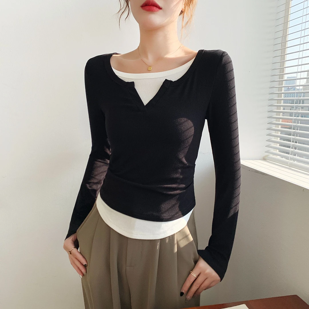 v领撞色罗纹打底衫内搭假两件摆弧下摆2025新款春夏百搭通勤长袖